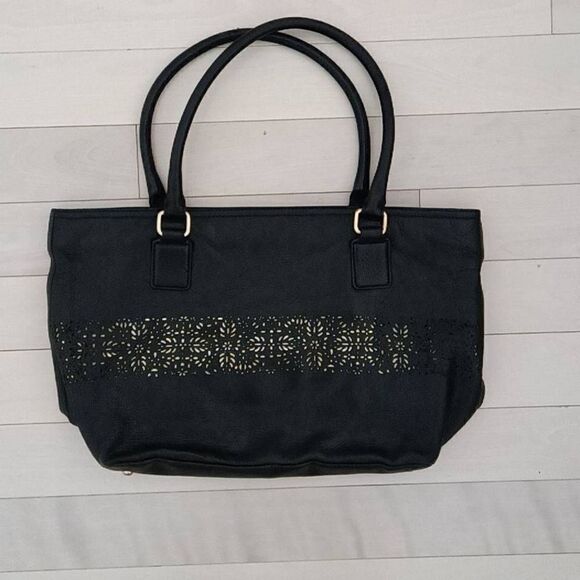 Audrey Brooke Women's Genuine Leather Perforated Shoulder Bag Black - Picture 1 of 5